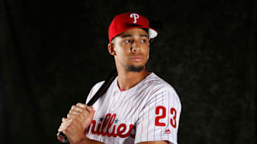 CLEARWATER, FL - FEBRUARY 19: Aaron Altherr #23 of the Philadelphia Phillies poses for a photo during the Phillies' photo day on February 19, 2019 at Carpenter Field in Clearwater, Florida. (Photo by Brian Blanco/Getty Images)