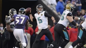 Nov 15, 2015; Baltimore, MD, USA; Jacksonville Jaguars quarterback Blake Bortles (5) throws the ball during the fourth quarter against the Baltimore Ravens at M&T Bank Stadium. The Jaguars won 22-20. Mandatory Credit: Tommy Gilligan-USA TODAY Sports