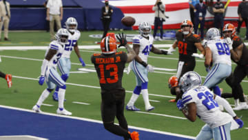 Oct 4, 2020; Arlington, Texas, USA; Cleveland Browns wide receiver Odell Beckham Jr. (13) catches a touchdown pass against Dallas Cowboys cornerback Daryl Worley (28) in the second quarter at AT&T Stadium. Mandatory Credit: Tim Heitman-USA TODAY Sports