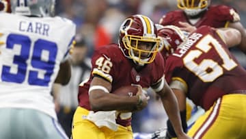 Jan 3, 2016; Arlington, TX, USA; Washington Redskins running back Alfred Morris (46) runs the ball against the Dallas Cowboys in the third quarter at AT&T Stadium. Washington won 34-23. Mandatory Credit: Tim Heitman-USA TODAY Sports