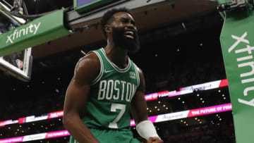 Dec 29, 2021; Boston, Massachusetts, USA; Boston Celtics guard Jaylen Brown (7) pumps his fists after a basket against the LA Clippers during the second quarter at TD Garden. Mandatory Credit: Winslow Townson-USA TODAY Sports