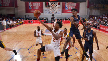 LAS VEGAS, NV - JULY 9: Collin Sexton #2 of the Cleveland Cavaliers goes to the basket against the Indiana Pacers during the 2018 Las Vegas Summer League on July 9, 2018 at the Cox Pavilion in Las Vegas, Nevada. NOTE TO USER: User expressly acknowledges and agrees that, by downloading and/or using this photograph, user is consenting to the terms and conditions of the Getty Images License Agreement. Mandatory Copyright Notice: Copyright 2018 NBAE (Photo by Bart Young/NBAE via Getty Images)