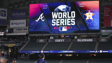 Oct 25, 2021; Houston, Texas, USA; Atlanta Braves players practice during workouts before Game 1 of the World Series between the Houston Astros and the Atlanta Braves at Minute Maid Park. Mandatory Credit: Troy Taormina-USA TODAY Sports