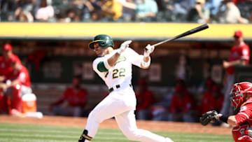 OAKLAND, CALIFORNIA - MAY 29: Ramon Laureano #22 of the Oakland Athletics bats against the Los Angeles Angels at Oakland-Alameda County Coliseum on May 29, 2019 in Oakland, California. (Photo by Ezra Shaw/Getty Images)