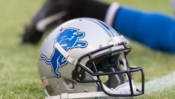 Dec 28, 2014; Green Bay, WI, USA; A Detroit Lions helmet sits on the field during warmups prior to the game against the Green Bay Packers at Lambeau Field. Green Bay won 30-20. Mandatory Credit: Jeff Hanisch-USA TODAY Sports
