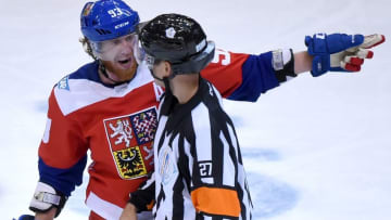 Sep 19, 2016; Toronto, Ontario, Canada; Republic forward Jakub Voracek (93) gestures as he argues a penalty call with referee Eric Furlatt (27) during a 3-2 overtime loss to Team Europe in preliminary round play in the 2016 World Cup of Hockey at Air Canada Centre. Mandatory Credit: Dan Hamilton-USA TODAY Sports