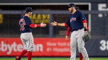 NEW YORK, NY - MAY 10: Andrew Benintendi #16 and J.D. Martinez #28 of the Boston Red Sox celebrate a victory against the New York Yankees on May 10, 2018 at Yankee Stadium in the Bronx borough of New York City. (Photo by Billie Weiss/Boston Red Sox/Getty Images)