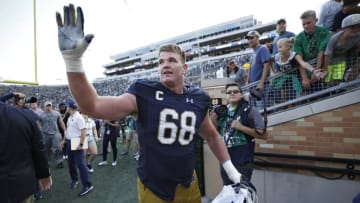 SOUTH BEND, IN - SEPTEMBER 02: Mike McGlinchey #68 of the Notre Dame Fighting Irish celebrates as he leaves the field following a game against the Temple Owls at Notre Dame Stadium on September 2, 2017 in South Bend, Indiana. The Irish won 49-16. (Photo by Joe Robbins/Getty Images)