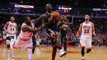 Mar 23, 2013; Chicago, IL, USA; Chicago Bulls point guard Nate Robinson (2) is called for a flagrant 2 technical foul against Indiana Pacers shooting guard Lance Stephenson (1) during the second half at the United Center. Chicago won 87-84. Mandatory Credit: Dennis Wierzbicki-USA TODAY Sports