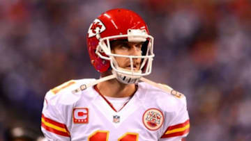 Jan 4, 2014; Indianapolis, IN, USA; Kansas City Chiefs quarterback Alex Smith (11) during the 2013 AFC wild card playoff football game against the Indianapolis Colts at Lucas Oil Stadium. Mandatory Credit: Andrew Weber-USA TODAY Sports