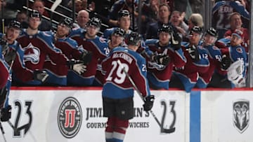 DENVER, CO - JANUARY 06: Nathan MacKinnon #29 of the Colorado Avalanche celebrates with his bench after scoring a goal against the Minnesota Wild at the Pepsi Center on January 6, 2018 in Denver, Colorado. The Avalanche defeated the Wild 7-2. (Photo by Michael Martin/NHLI via Getty Images)