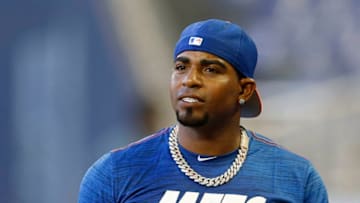 MIAMI, FLORIDA - APRIL 01: Yoenis Cespedes #52 of the New York Mets looks on during batting practice prior to the game against the Miami Marlins at Marlins Park on April 01, 2019 in Miami, Florida. (Photo by Michael Reaves/Getty Images)