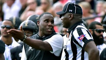 NASHVILLE, TN - OCTOBER 07: Head coach Derek Mason of the Vanderbilt Commodores pleads with an official after a long pass reception was called out of bounds on the one yard line against the Georgia Bulldogs during the first half at Vanderbilt Stadium on October 7, 2017 in Nashville, Tennessee. (Photo by Frederick Breedon/Getty Images)