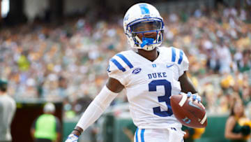 WACO, TX - SEPTEMBER 15: T.J. Rahming #3 of the Duke Blue Devils celebrates after scoring a touchdown against the Baylor Bears during the first half of a football game at McLane Stadium on September 15, 2018 in Waco, Texas. (Photo by Cooper Neill/Getty Images)