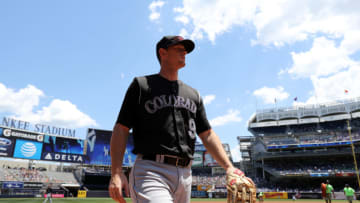 NEW YORK, NY - JUNE 22: DJ LeMahieu #9 of the Colorado Rockies walks to the dugout prior to the game against the New York Yankees at Yankee Stadium on Wednesday, June 22, 2016 in the Bronx borough of New York City. (Photo by Alex Trautwig/MLB Photos via Getty Images)