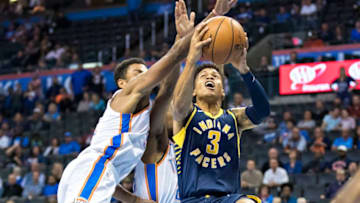 OKLAHOMA CITY, OK - OCTOBER 25: Joe Young #3 of the Indiana Pacers drives to the basket during a game against the Oklahoma City Thunder at the Chesapeake Energy Arena on October 25, 2017 in Oklahoma City, Oklahoma. NOTE TO USER: User expressly acknowledges and agrees that, by downloading and or using this photograph, User is consenting to the terms and conditions of the Getty Images License Agreement. The Thunder defeated the Pacers 114-96. (Photo by Wesley Hitt/Getty Images)