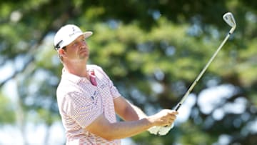 HONOLULU, HAWAII - JANUARY 16: Hudson Swafford of the United States plays his shot from the fourth tee during the third round of the Sony Open in Hawaii at the Waialae Country Club on January 16, 2021 in Honolulu, Hawaii. (Photo by Cliff Hawkins/Getty Images)