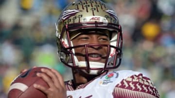 Jan 1, 2015; Pasadena, CA, USA; Florida State Seminoles quarterback Jameis Winston (5) warms up before the 2015 Rose Bowl college football game against the Oregon Ducks at Rose Bowl. Mandatory Credit: Kirby Lee-USA TODAY Sports
