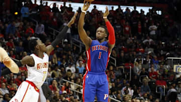 Dec 23, 2015; Atlanta, GA, USA; Detroit Pistons guard Reggie Jackson (1) shoots the ball against the Atlanta Hawks in the second quarter at Philips Arena. Mandatory Credit: Brett Davis-USA TODAY Sports