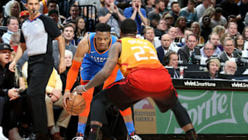 SALT LAKE CITY, UT - MARCH 11: Russell Westbrook #0 of the Oklahoma City Thunder handles the ball against the Utah Jazz on March 11, 2019 at vivint.SmartHome Arena in Salt Lake City, Utah. NOTE TO USER: User expressly acknowledges and agrees that, by downloading and or using this Photograph, User is consenting to the terms and conditions of the Getty Images License Agreement. Mandatory Copyright Notice: Copyright 2019 NBAE (Photo by Melissa Majchrzak/NBAE via Getty Images)
