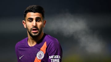 BURTON-UPON-TRENT, ENGLAND - JANUARY 23: Riyad Mahrez of Manchester City in action during the Carabao Cup Semi Final Second Leg match between Burton Albion and Manchester City at Pirelli Stadium on January 23, 2019 in Burton-upon-Trent, United Kingdom. (Photo by Clive Mason/Getty Images)