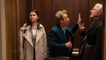 Only Murders in the Building -- “The Show Must…” - Episode 301 -- Curtain up on Season 3! And Leading Man down! After Ben Glenroy’s collapse on stage, Charles, Oliver & Mabel piece together the show’s first days with a suspicious cast & crew to determine if foul play was involved. Spoiler alert… Mabel (Selena Gomez), Oliver (Martin Short) and Charles (Steve Martin), shown. (Photo by: Patrick Harbron/Hulu)