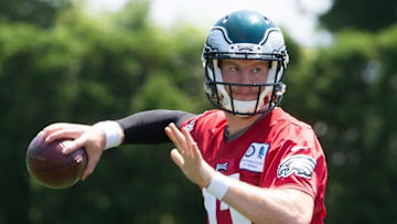 Jun 9, 2016; Philadelphia, PA, USA; Philadelphia Eagles quarterback Carson Wentz (11) throws during mini camp at NovaCare Complex. Mandatory Credit: Bill Streicher-USA TODAY Sports