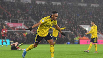BOURNEMOUTH, ENGLAND - DECEMBER 26: Pierre-Emerick Aubameyang of Arsenal celebrates after scoring his team's first goal during the Premier League match between AFC Bournemouth and Arsenal FC at Vitality Stadium on December 26, 2019 in Bournemouth, United Kingdom. (Photo by Justin Setterfield/Getty Images)