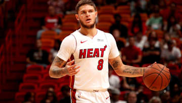 MIAMI, FL - OCTOBER 10: Tyler Johnson #8 of the Miami Heat handles the ball against the New Orleans Pelicans during a pre-season game on October 10, 2018 at American Airlines Arena in Miami, Florida. NOTE TO USER: User expressly acknowledges and agrees that, by downloading and or using this Photograph, user is consenting to the terms and conditions of the Getty Images License Agreement. Mandatory Copyright Notice: Copyright 2018 NBAE (Photo by Issac Baldizon/NBAE via Getty Images)