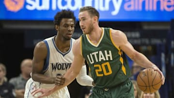 Nov 28, 2016; Minneapolis, MN, USA; Utah Jazz forward Gordon Hayward (20) dribbles the ball as Minnesota Timberwolves forward Andrew Wiggins (22) plays defense in the first half at Target Center. Mandatory Credit: Jesse Johnson-USA TODAY Sports