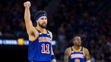 Apr 2, 2022; San Francisco, California, USA; Golden State Warriors guard Klay Thompson (11) reacts after hitting a three-point shot against the Utah Jazz during the first half at Chase Center. Mandatory Credit: John Hefti-USA TODAY Sports