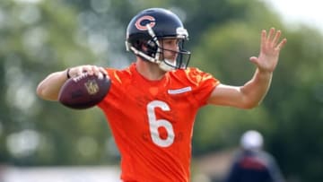 Jul 25, 2014; Chicago, IL, USA; Chicago Bears quarterback Jay Cutler throws a pass during training camp at Olivet Nazarene University. Mandatory Credit: Jerry Lai-USA TODAY Sports