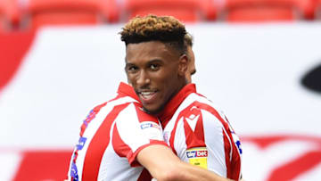 STOKE ON TRENT, ENGLAND - JULY 04: Tyrese Campbell of Stoke City celebrates as he scores their third goal of the game during the Sky Bet Championship match between Stoke City and Barnsley at Bet365 Stadium on July 04, 2020 in Stoke on Trent, England. (Photo by Nathan Stirk/Getty Images)