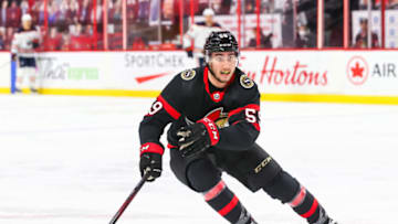 OTTAWA, ON - APRIL 7: Alex Formenton #59 of the Ottawa Senators skates against the Edmonton Oilers at Canadian Tire Centre on April 7, 2021 in Ottawa, Ontario, Canada. (Photo by Chris Tanouye/Getty Images)
