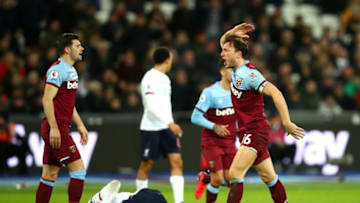 LONDON, ENGLAND - JANUARY 29: Mark Noble of West Ham United reacts after a foul during the Premier League match between West Ham United and Liverpool FC at London Stadium on January 29, 2020 in London, United Kingdom. (Photo by Julian Finney/Getty Images)