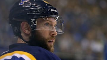 May 17, 2016; St. Louis, MO, USA; St. Louis Blues center David Backes (42) against the San Jose Sharks in game two of the Western Conference Final of the 2016 Stanley Cup Playoff at Scottrade Center. The Sharks won 4-0. Mandatory Credit: Aaron Doster-USA TODAY Sports