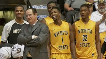 Feb 18, 2016; Wichita, KS, USA; Wichita State Shockers head coach Gregg Marshall (L) looks on from the sidelines during the second half against the Missouri State Bears at Charles Koch Arena. Mandatory Credit: Gary Rohman/MLS/USA TODAY Sports
