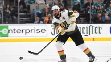 SAN JOSE, CA - APRIL 12: Deryk Engelland #5 of the Vegas Golden Knights skates with control of the puck against the San Jose Sharks during the third period in Game Two of the Western Conference First Round during the 2019 NHL Stanley Cup Playoffs at SAP Center on April 12, 2019 in San Jose, California. (Photo by Thearon W. Henderson/Getty Images)