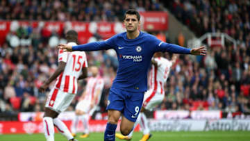 STOKE ON TRENT, ENGLAND - SEPTEMBER 23: Alvaro Morata of Chelsea celebrates scoring the opening goal during the Premier League match between Stoke City and Chelsea at Bet365 Stadium on September 23, 2017 in Stoke on Trent, England. (Photo by Alex Morton/Getty Images)