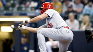 MILWAUKEE, WISCONSIN - APRIL 17: Michael Wacha #52 of the St. Louis Cardinals attempts a bunt in the second inning against the Milwaukee Brewers at Miller Park on April 17, 2019 in Milwaukee, Wisconsin. (Photo by Dylan Buell/Getty Images)