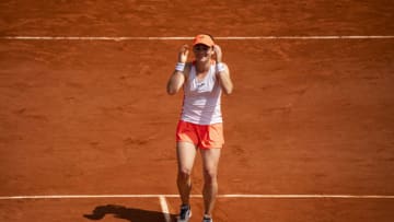 PARIS, FRANCE - JUNE 06: Tamara Zidansek of Slovenia celebrates her victory over Sorana Cirstea of Romania in the fourth round of the women's singles at Roland Garros on June 06, 2021 in Paris, France. (Photo by TPN/Getty Images)