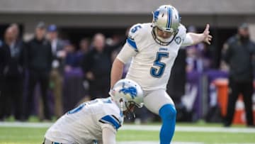 Nov 6, 2016; Minneapolis, MN, USA; Detroit Lions kicker Matt Prater (5) kicks a field goal during the first quarter against the Minnesota Vikings at U.S. Bank Stadium. Mandatory Credit: Brace Hemmelgarn-USA TODAY Sports