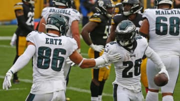 PITTSBURGH, PA - OCTOBER 11: Miles Sanders #26 of the Philadelphia Eagles celebrates with Zach Ertz #86 after rushing for a 1 yard touchdown in the first half Pittsburgh Steelers on October 11, 2020 at Heinz Field in Pittsburgh, Pennsylvania. (Photo by Justin K. Aller/Getty Images)