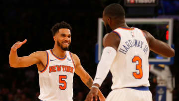 NEW YORK, NY - NOVEMBER 13: (NEW YORK DAILIES OUT) Courtney Lee #5 and Tim Hardaway Jr. #3 of the New York Knicks in action against the Cleveland Cavaliers at Madison Square Garden on November 13, 2017 in New York City. The Cavaliers defeated the Knicks 104-101. NOTE TO USER: User expressly acknowledges and agrees that, by downloading and/or using this Photograph, user is consenting to the terms and conditions of the Getty Images License Agreement. (Photo by Jim McIsaac/Getty Images)