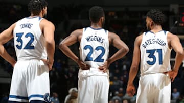 MINNEAPOLIS, MN - NOVEMBER 20: Karl-Anthony Towns #32, Andrew Wiggins #22, and Keita Bates-Diop #31 of the Minnesota Timberwolves. Copyright 2019 NBAE (Photo by David Sherman/NBAE via Getty Images)