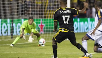 May 28, 2016; Columbus, OH, USA; Real Salt Lake goalkeeper Nick Rimando (18) makes a save on a shot by Columbus Crew SC forward Ola Kamara (17) at MAPFRE Stadium. The Columbus Crew SC won the game 4-3. Mandatory Credit: Greg Bartram-USA TODAY Sports