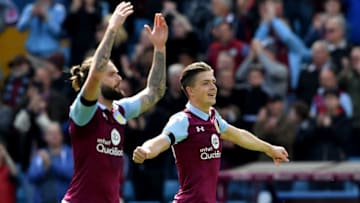 BIRMINGHAM, ENGLAND - APRIL 23: Jack Grealish (R) of Aston Villa celebrates after his side's 1-0 victory in the Sky Bet Championship match between Aston Villa and Birmingham City at Villa Park on April 23, 2017 in Birmingham, England. (Photo by Ross Kinnaird/Getty Images)