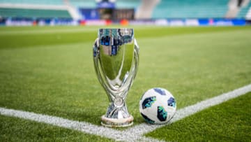 TALLINN, ESTONIA - AUGUST 14: General view of the trophy and the official match ball in the stadium ahead of the UEFA Super Cup at A Le Coq Arena on August 14, 2018 in Tallinn, Estonia. (Photo by Lukas Schulze - UEFA/UEFA via Getty Images)