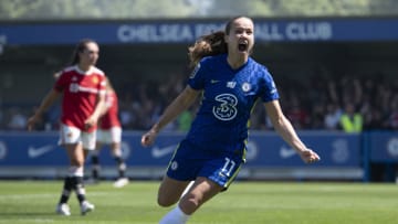 Guro Reiten of Chelsea celebrates scoring Chelsea's third goal during the Barclays FA Women's Super League match vs Manchester United (Photo by Visionhaus/Getty Images)