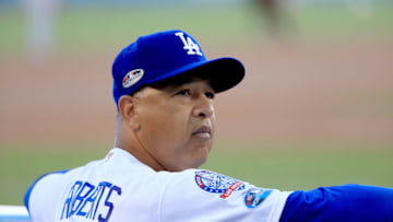 LOS ANGELES, CA - OCTOBER 04: Manager Dave Roberts #30 of the Los Angeles Dodgers looks on prior to Game One of the National League Division Series against the Atlanta Braves at Dodger Stadium on October 4, 2018 in Los Angeles, California. (Photo by Sean M. Haffey/Getty Images)